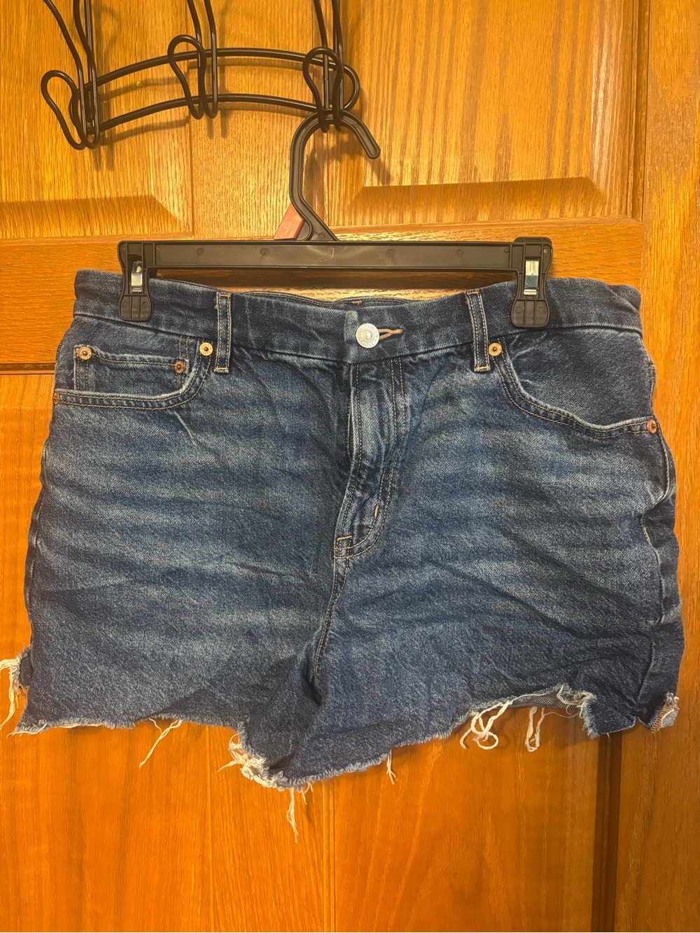 American Eagle Outfitters Dark Blue Distressed High-Rise Denim Shorts